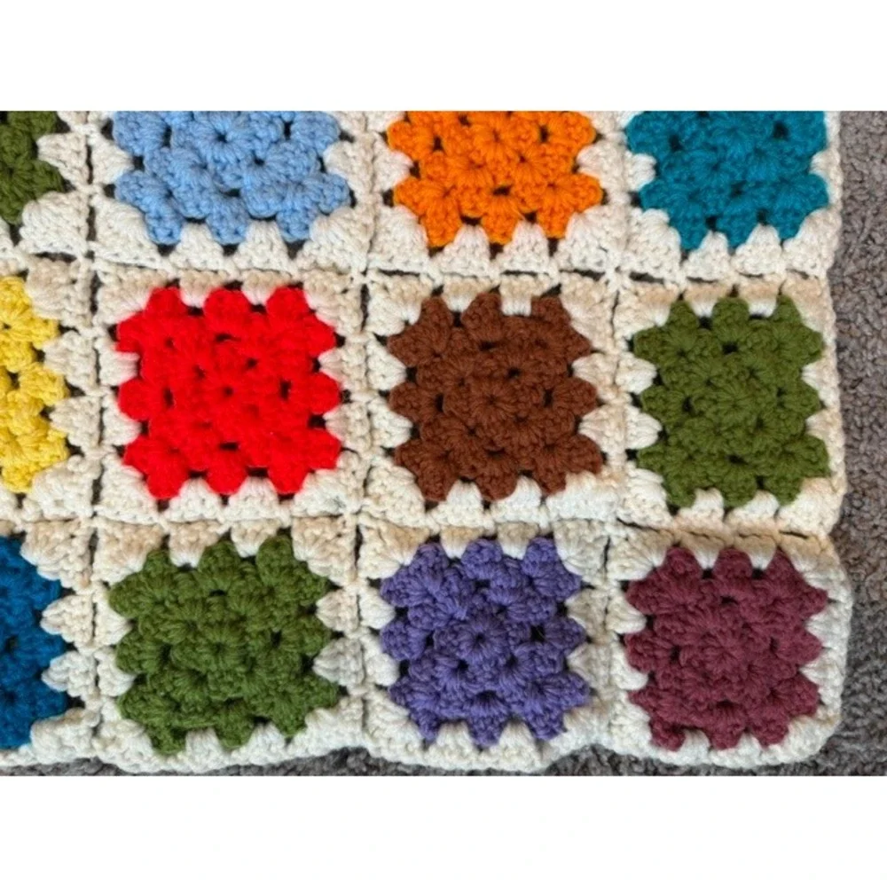 Vintage Handmade Crochet Granny Square Blanket Multi Boho Throw Afghan 67x60